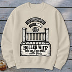 Beige crewneck sweatshirt featuring a graphic of a wooden porch styled as a wifi signal with text.