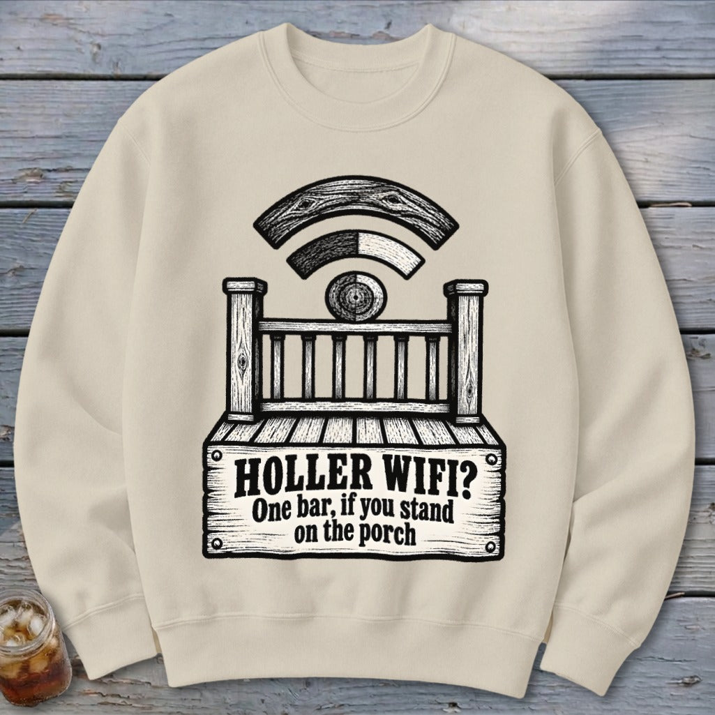 Beige crewneck sweatshirt featuring a graphic of a wooden porch styled as a wifi signal with text.
