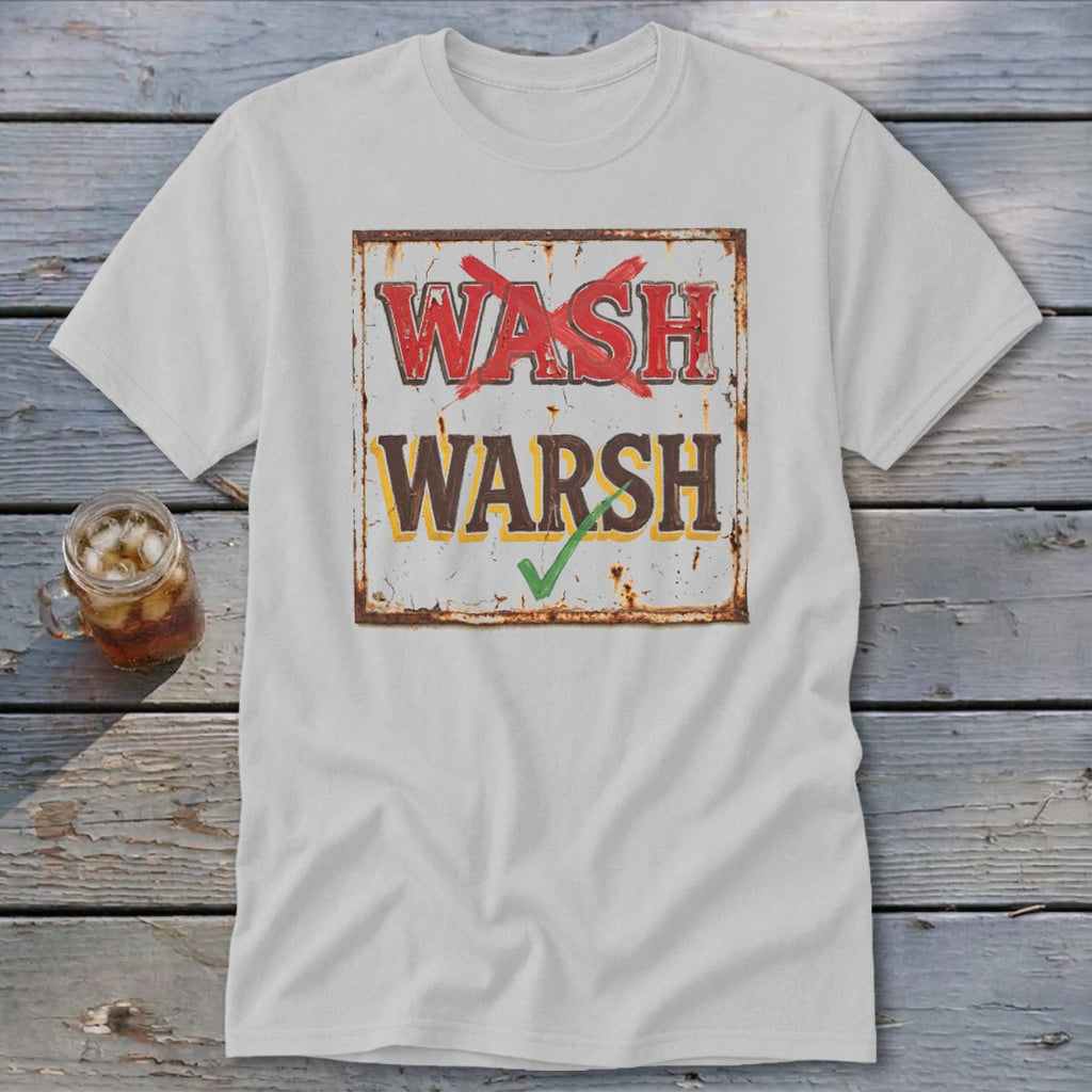 Light gray t-shirt with a distressed graphic of a sign featuring the words WASH with a red X and WARSH with a green checkmark.