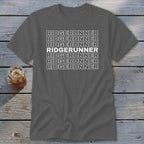 Gray t-shirt with white "RIDGERUNNER" text stacked seven times.