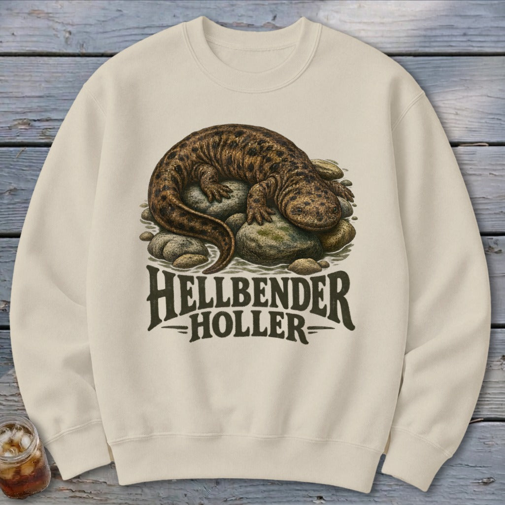 Cream sweatshirt with a Hellbender salamander graphic and "Hellbender Holler" text.