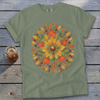 Olive green t-shirt with a circular fall leaf and acorn design.