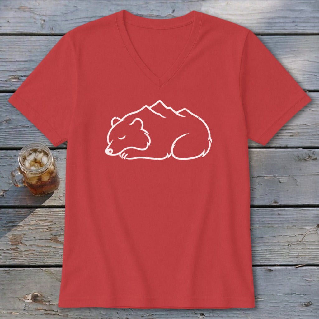 Red v-neck t-shirt with a sleeping bear and mountain outline graphic.