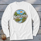 North Carolina text on a circular graphic of mountains, river, and a deer.