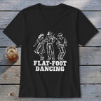Black t-shirt with white line art of three people flat-foot dancing, text reads "FLAT-FOOT DANCING".
