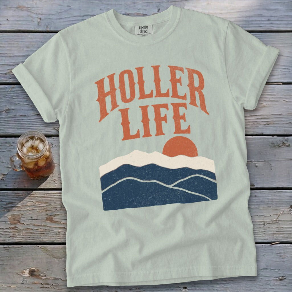 Lightweight t-shirt with "Holler Life" text and mountain graphic.