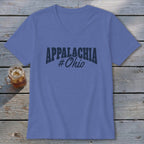 Blue v-neck t-shirt with "APPALACHIA #Ohio" graphic and a glass of iced tea.