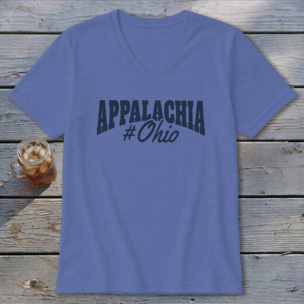 Blue v-neck t-shirt with "APPALACHIA #Ohio" graphic and a glass of iced tea.