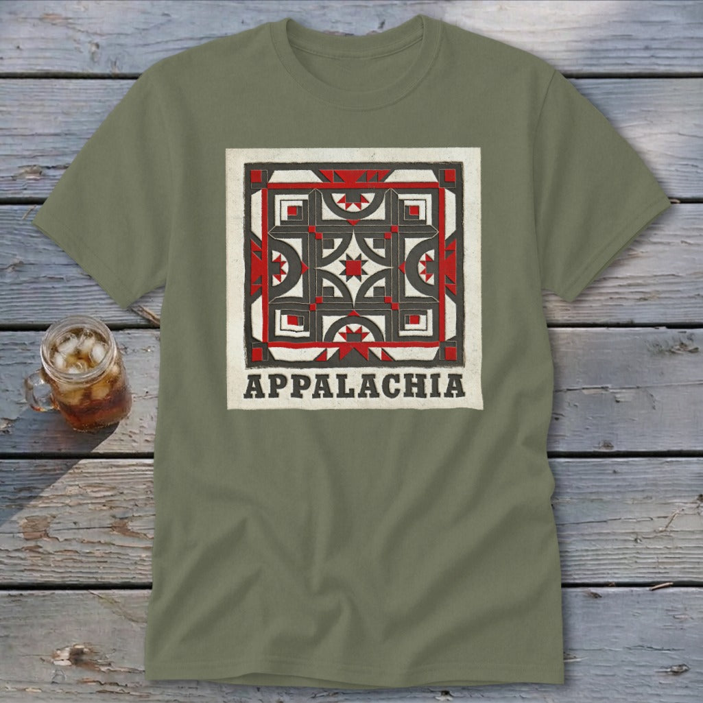 An olive green t-shirt featuring a red, black, and white quilt block graphic with the text Appalachia below it.