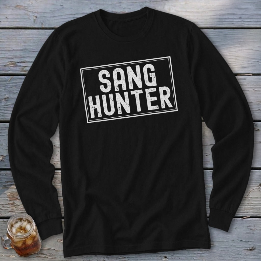 Black long sleeve shirt with "SANG HUNTER" text in a white rectangle.