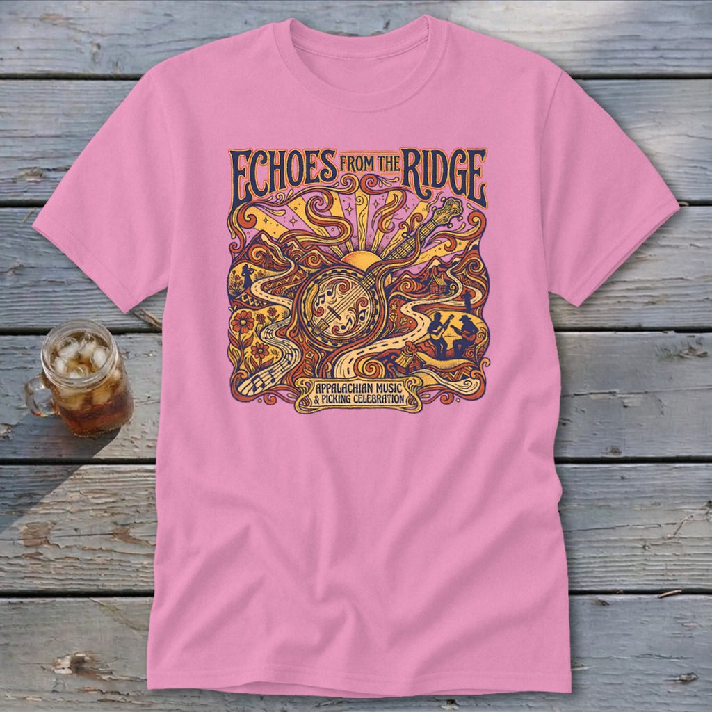 Pink t-shirt with "Echoes from the Ridge Appalachian Music & Picking Celebration" graphic.