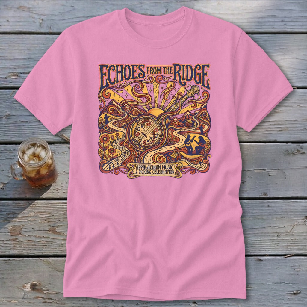 Pink t-shirt with "Echoes from the Ridge Appalachian Music & Picking Celebration" graphic.