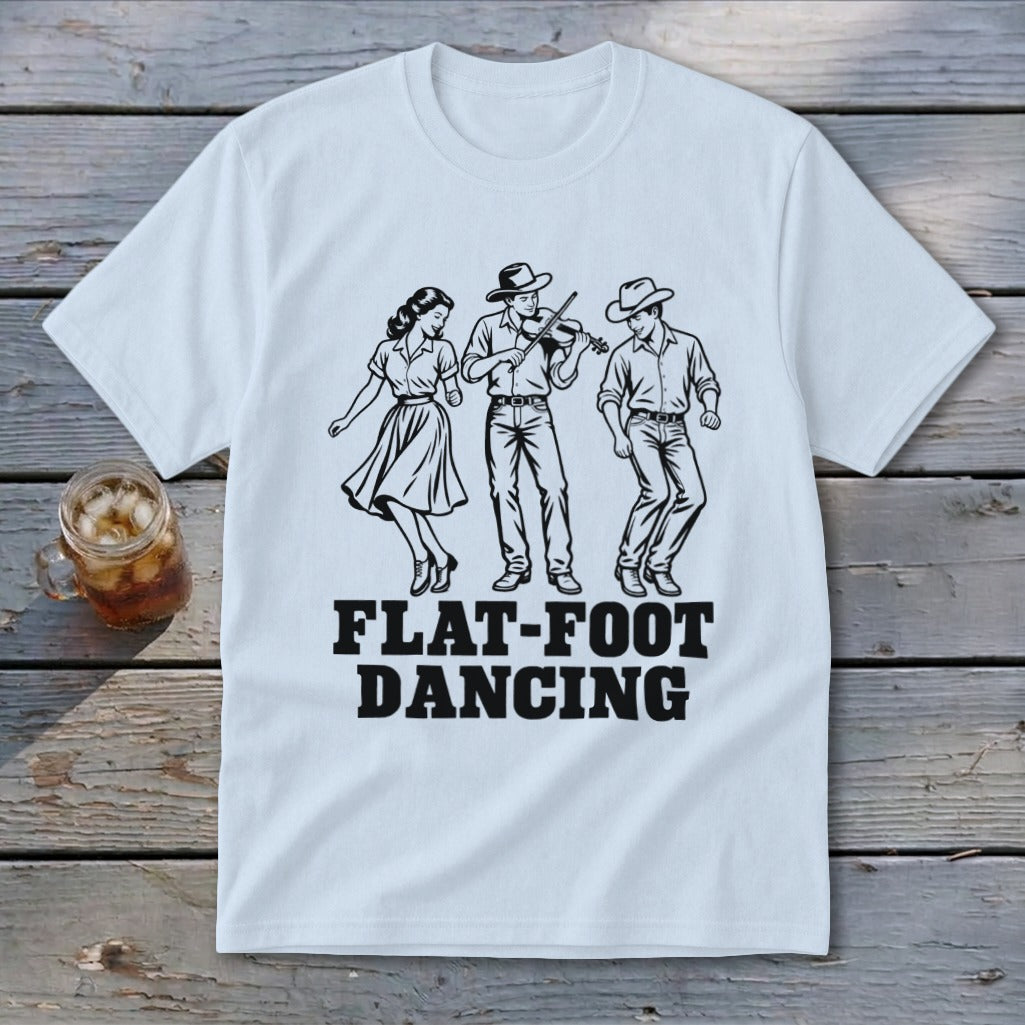 White t-shirt with black graphic of three people dancing and text "FLAT-FOOT DANCING".