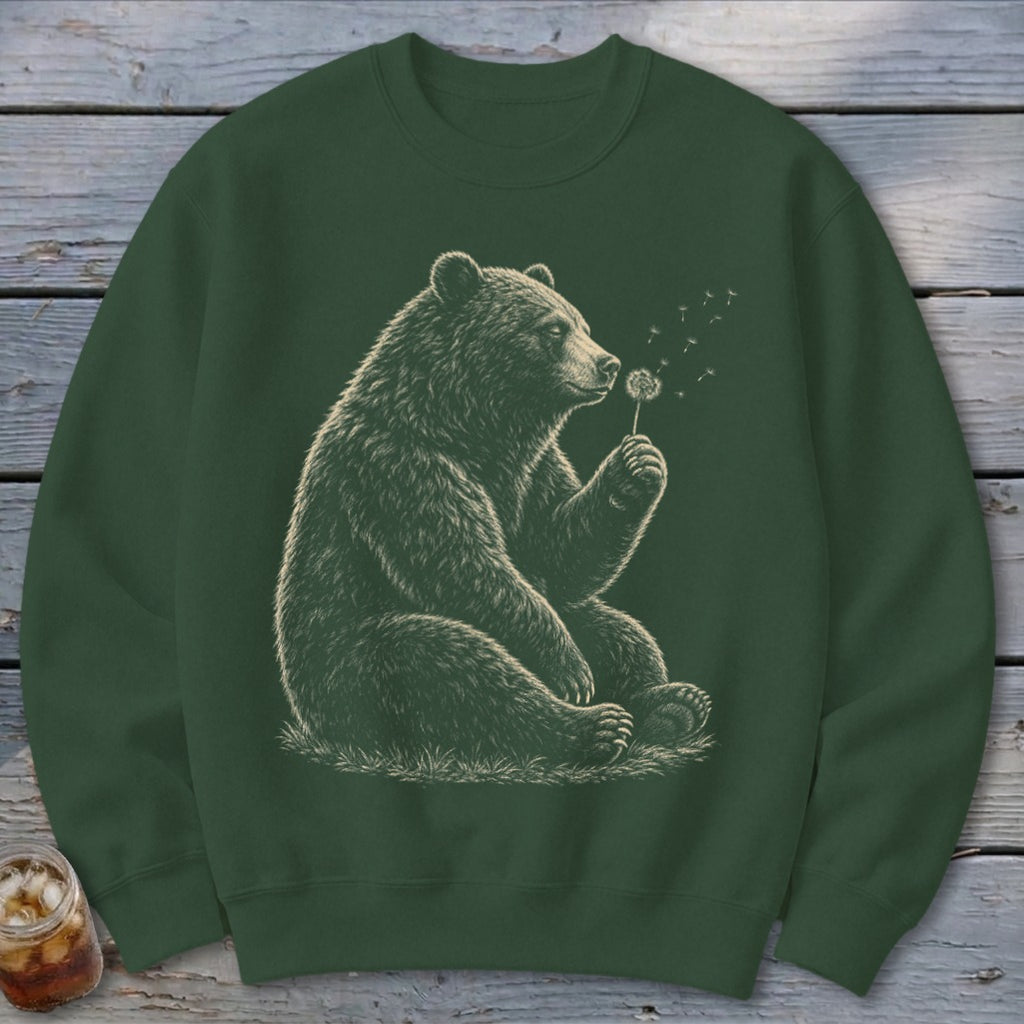 Green sweatshirt with a detailed sketch of a bear blowing on a dandelion.