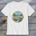 White t-shirt with a circular graphic of Pennsylvania landscape and text.