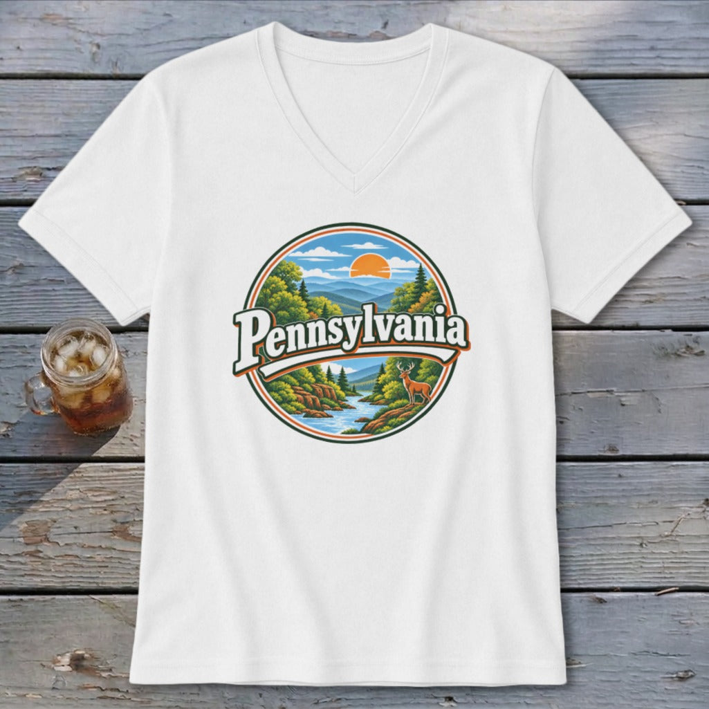 White t-shirt with a circular graphic of Pennsylvania landscape and text.