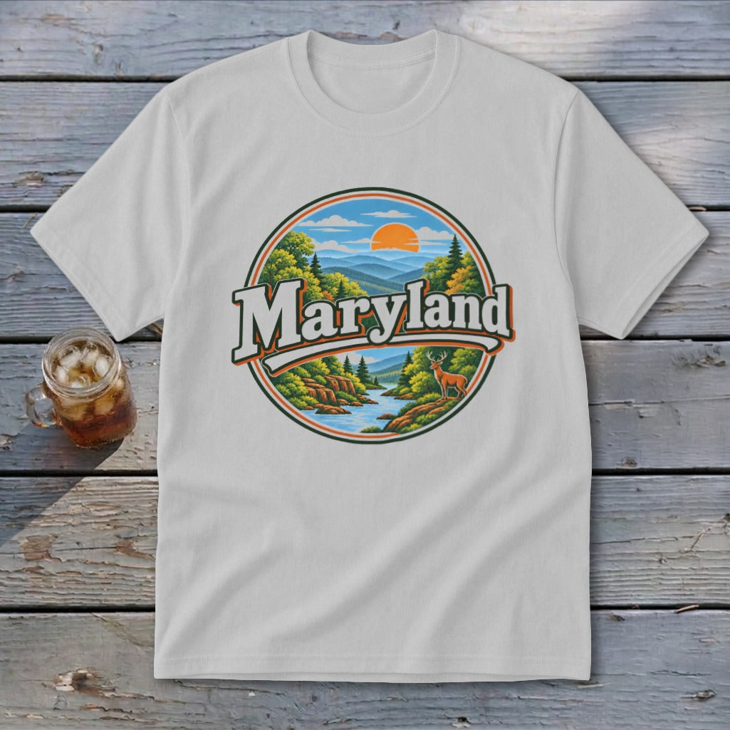 White t-shirt with a circular graphic featuring "Maryland" and a scenic landscape.