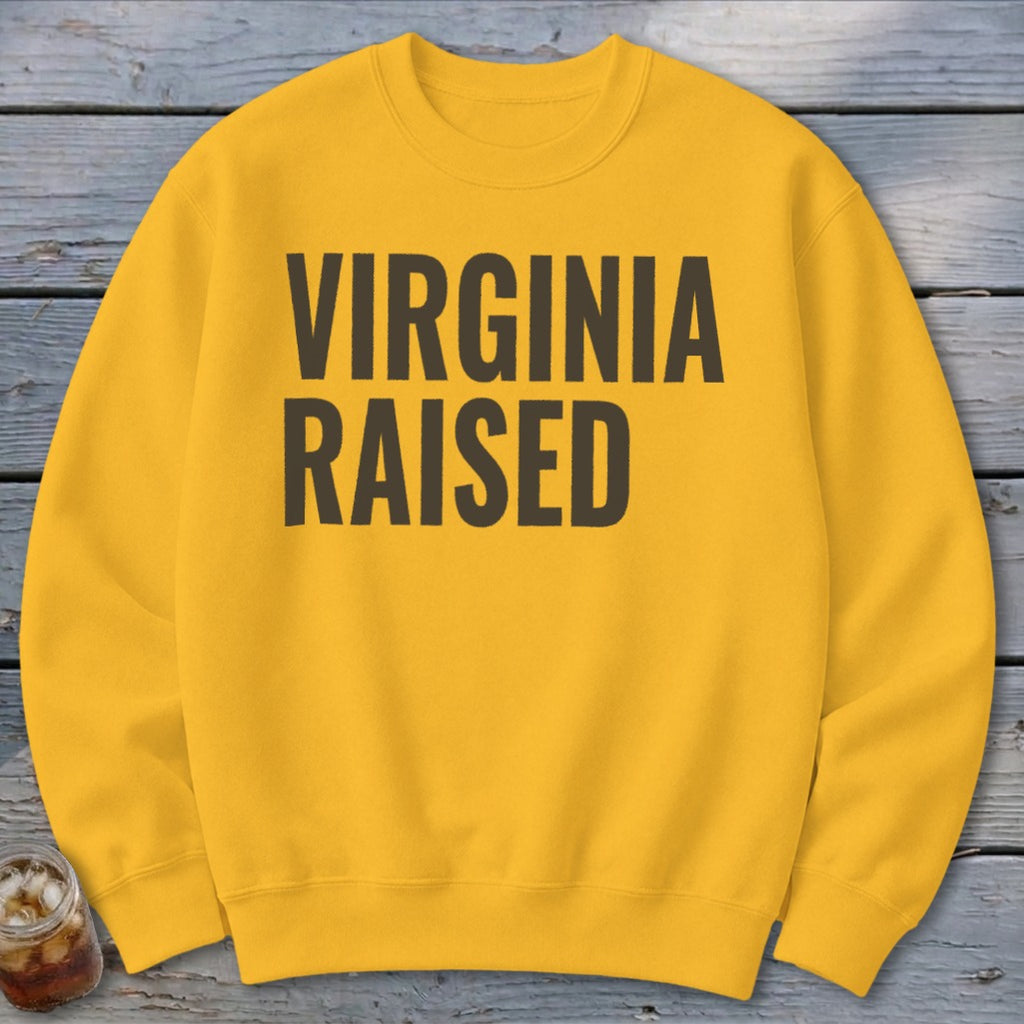 Yellow sweatshirt with "VIRGINIA RAISED" text in dark gray.