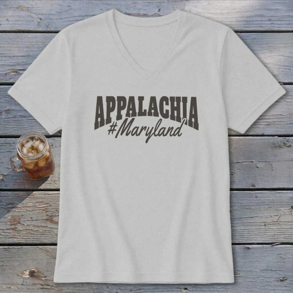 Light gray v-neck t-shirt with "APPALACHIA #Maryland" graphic.