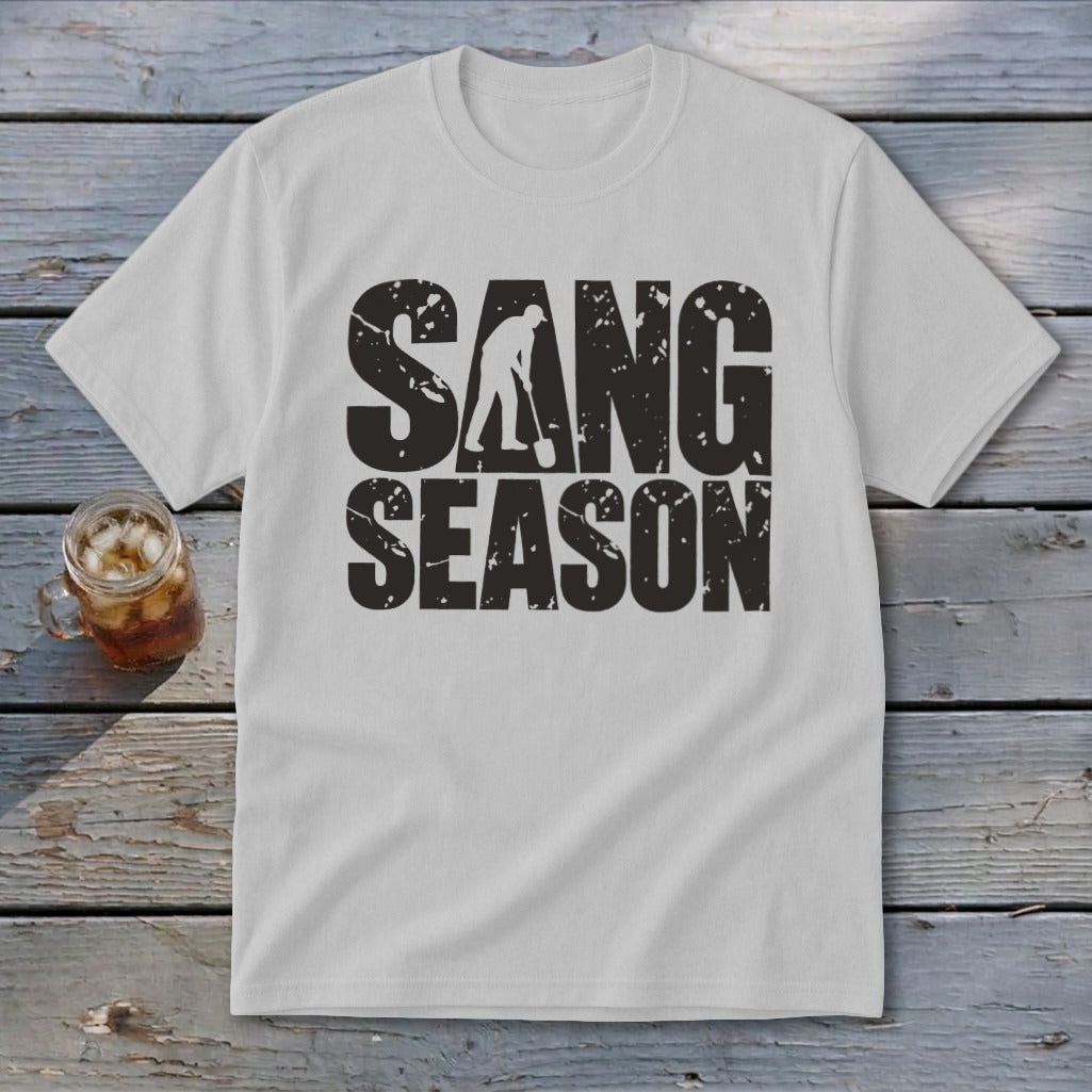 Light gray crewneck t-shirt featuring the black distressed text Sang Season and a digging silhouette.