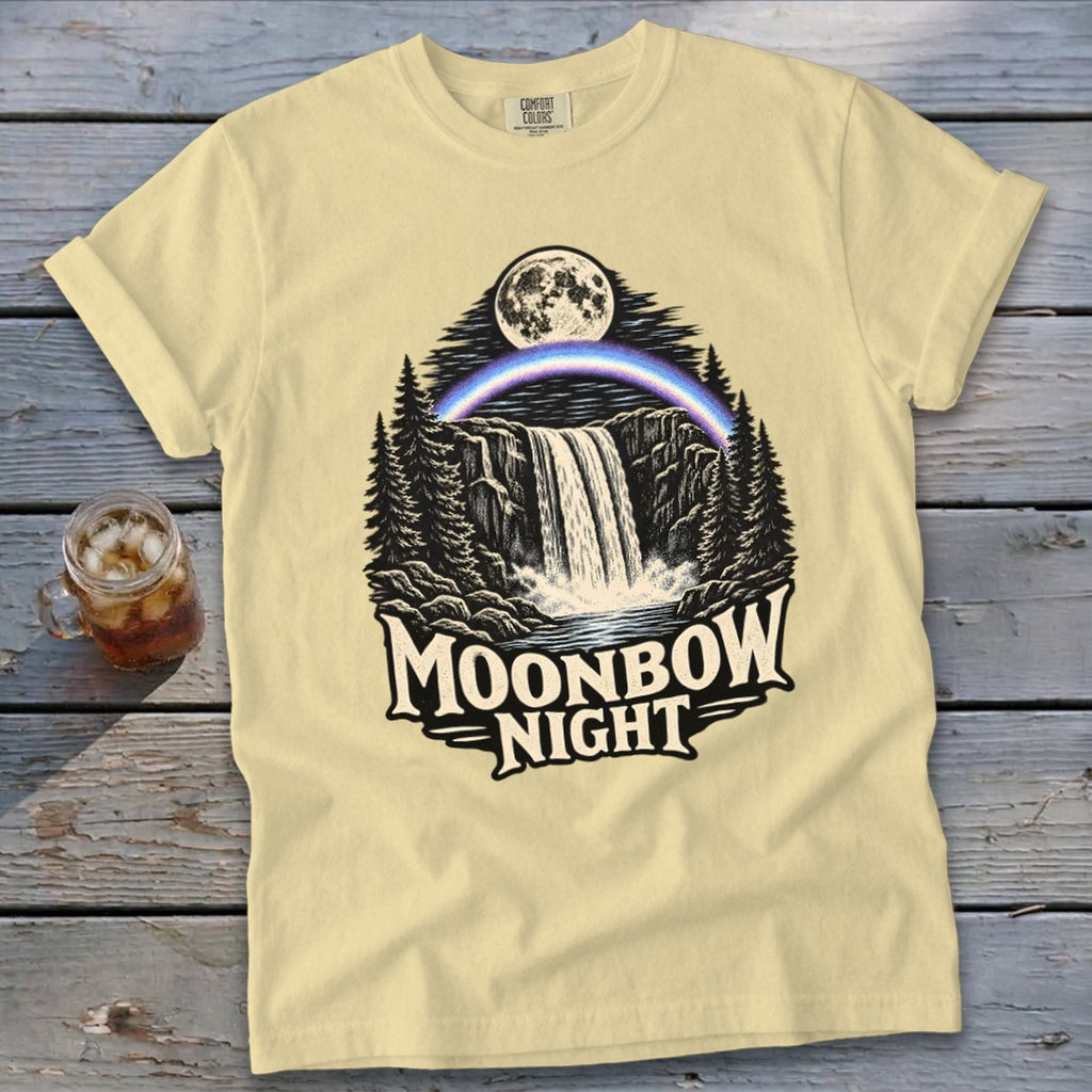 Yellow t-shirt with Moonbow Night waterfall graphic and text.
