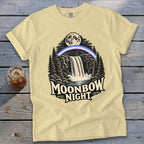 Yellow t-shirt with Moonbow Night waterfall graphic and text.