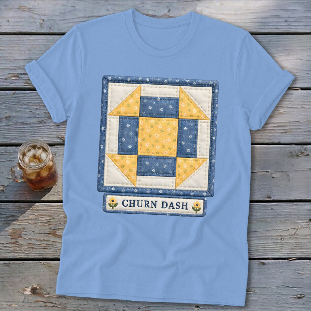 Light blue t-shirt featuring a Churn Dash quilt square design with text.