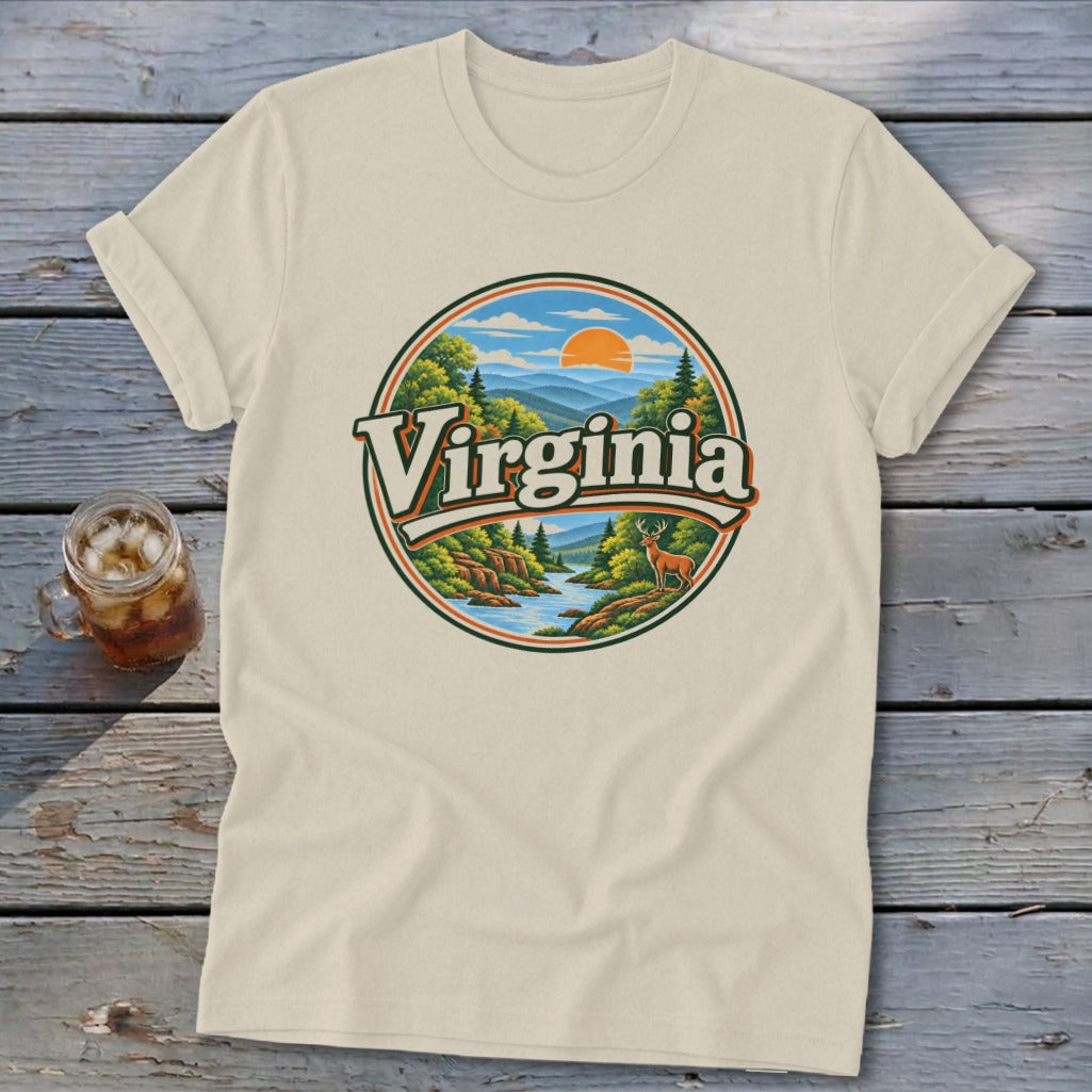 Cream t-shirt with circular Virginia mountain landscape graphic and deer.