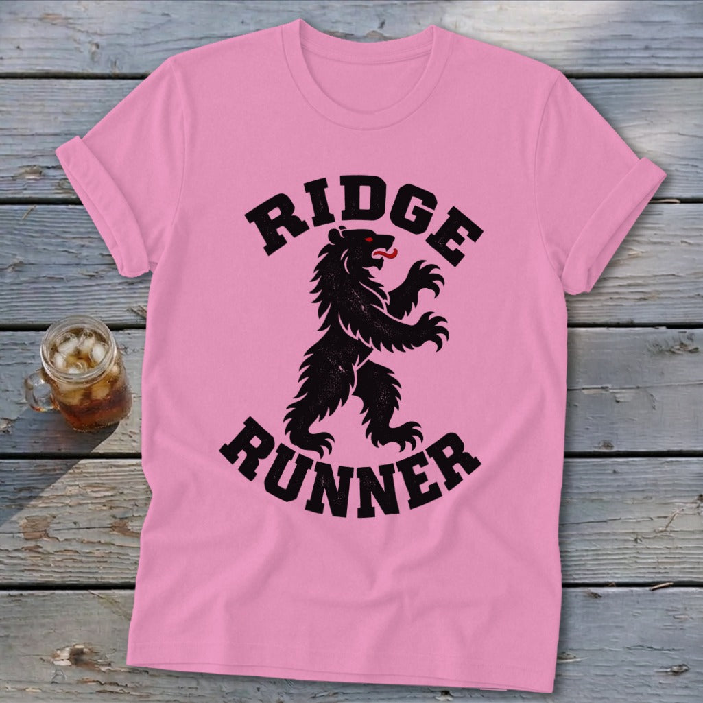 Pink t-shirt with black "RIDGE RUNNER" text and a black bear graphic.
