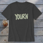 Dark v-neck t-shirt with "YOUR'N" printed in light green text.