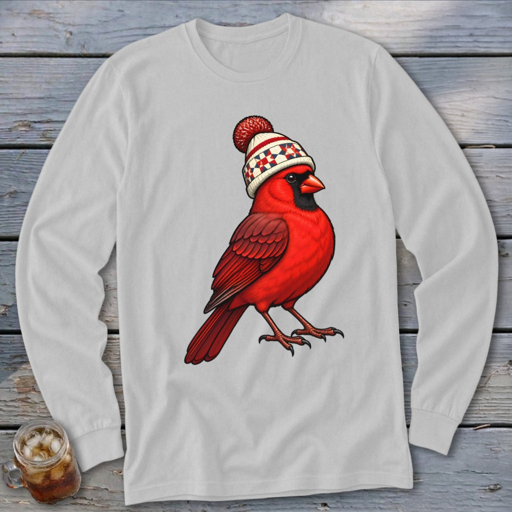 Light grey long-sleeve t-shirt featuring an illustration of a red cardinal wearing a winter beanie.