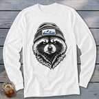 Raccoon wearing a beanie with a mountain patch on white long-sleeve shirt.
