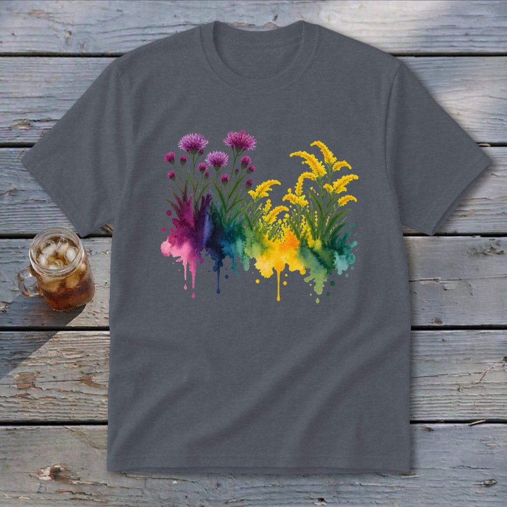 Gray t-shirt with a watercolor floral design featuring purple thistle and yellow goldenrod.