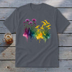 Gray t-shirt with a watercolor floral design featuring purple thistle and yellow goldenrod.