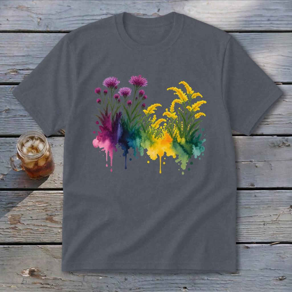 Gray t-shirt with a watercolor floral design featuring purple thistle and yellow goldenrod.
