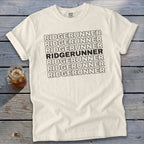 Cream t-shirt with repeating black text "RIDGERUNNER" and a glass of iced drink.