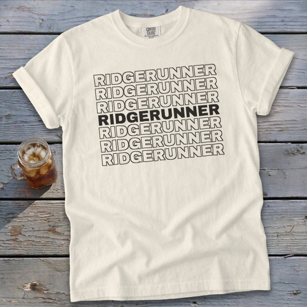 Cream t-shirt with repeating black text "RIDGERUNNER" and a glass of iced drink.