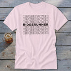 Pink t-shirt with "RIDGERUNNER" repeated seven times in black text.
