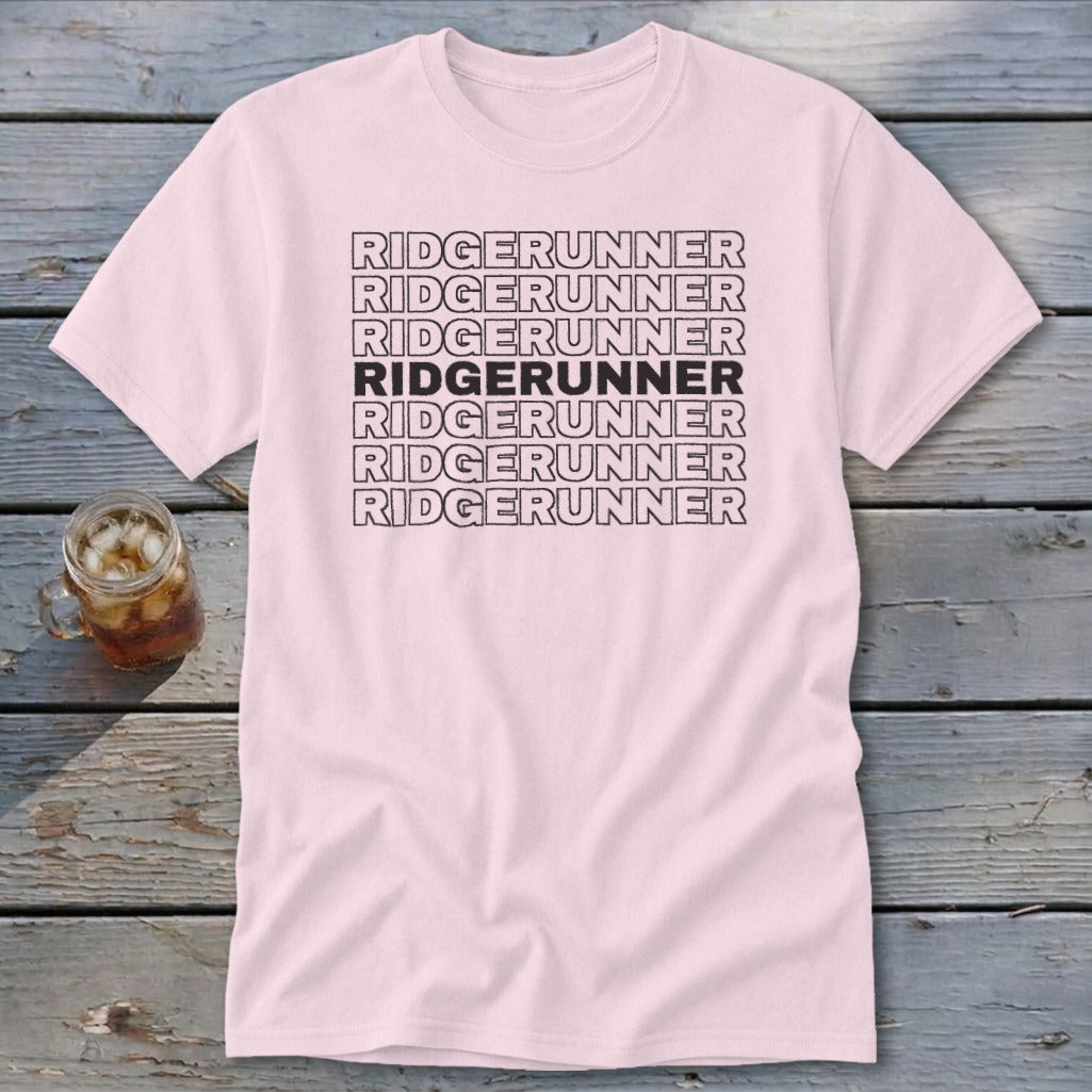 Pink t-shirt with "RIDGERUNNER" repeated seven times in black text.