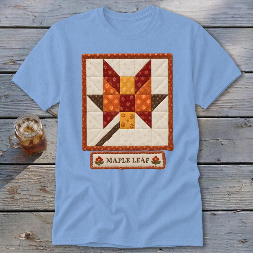 Light blue t-shirt with a quilted maple leaf design and "Maple Leaf" text label.