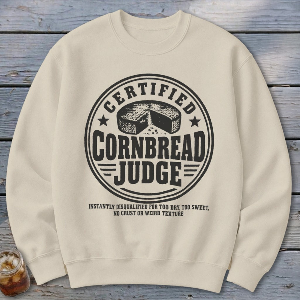 Beige crewneck sweatshirt featuring a black graphic with a round badge, a round cornbread loaf, and the text "Certified Cornbread Judge".