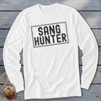 White long sleeve shirt with black text "SANG HUNTER" inside a rectangle.