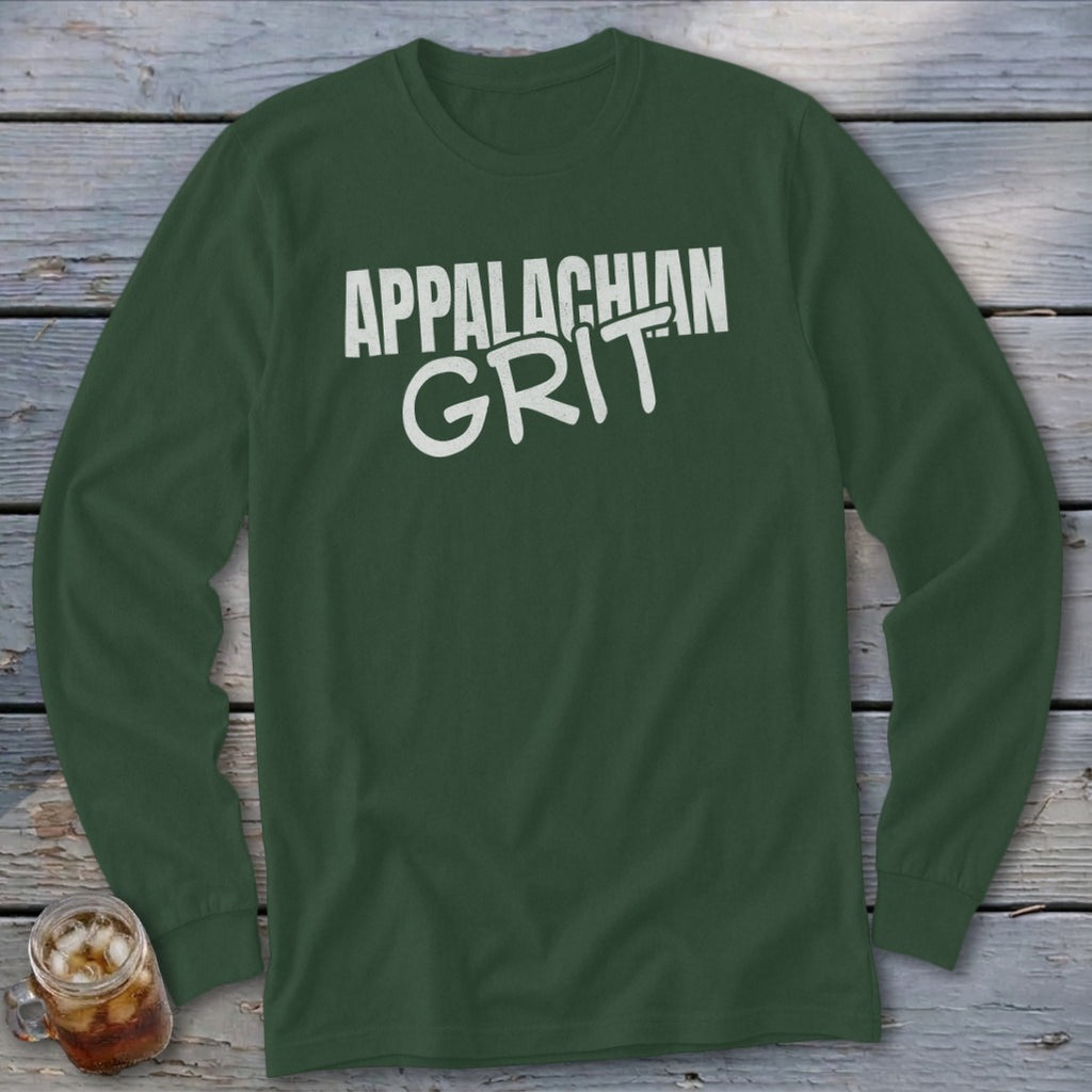 Long sleeve dark green t-shirt with white text reading "APPALACHIAN GRIT"