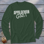 Long sleeve dark green t-shirt with white text reading "APPALACHIAN GRIT"