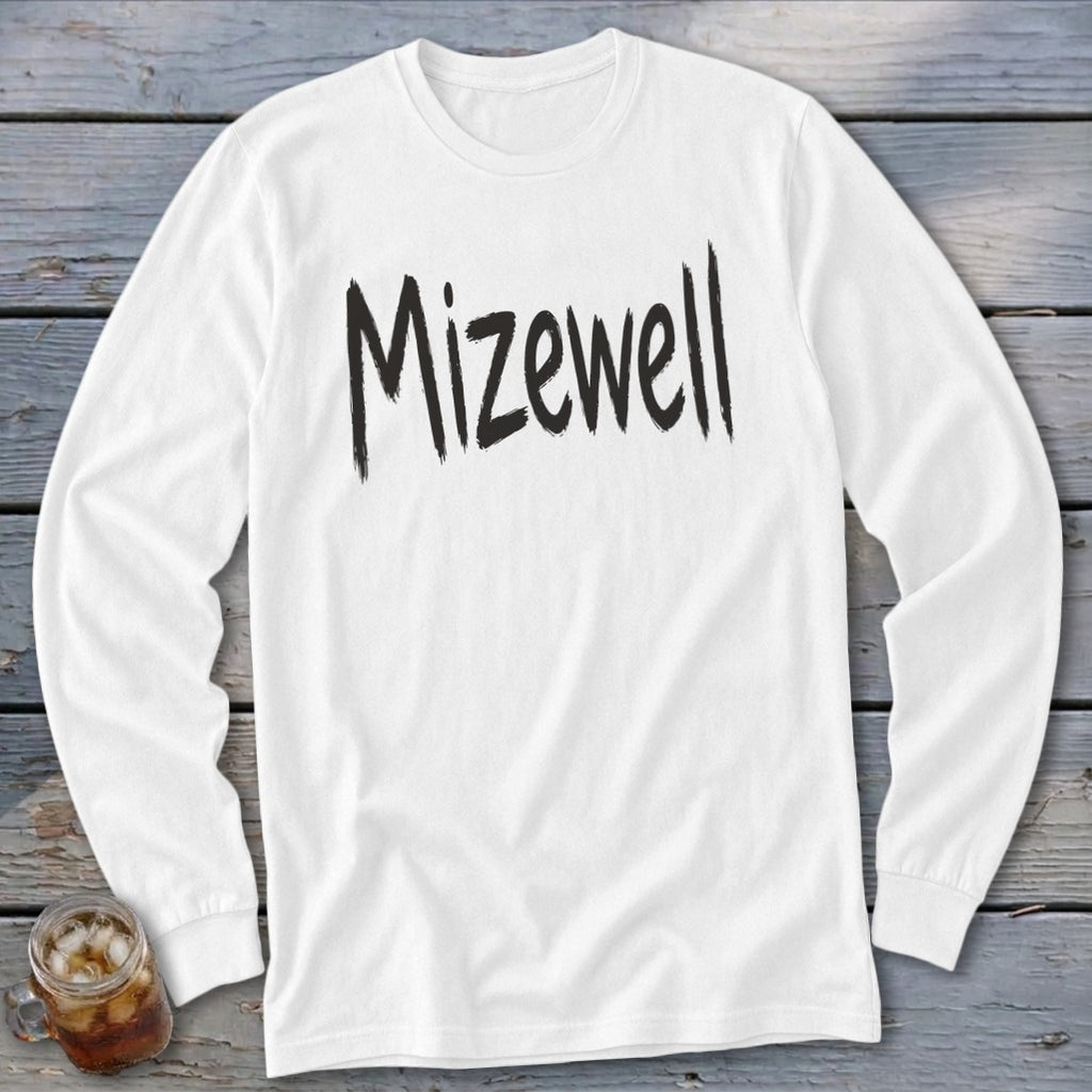White long sleeve t-shirt with "Mizewell" printed in black brushstroke font.