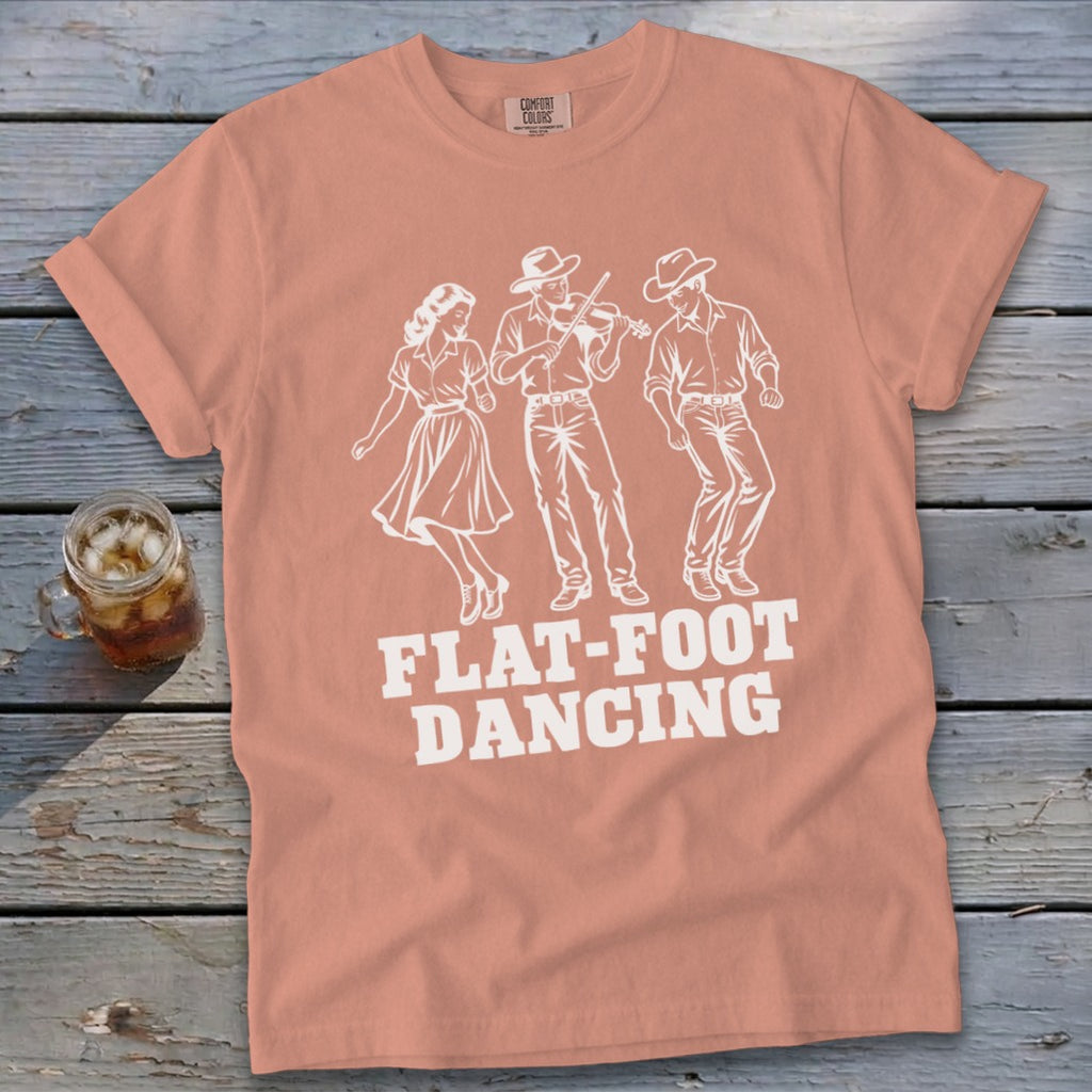 Peach t-shirt with white graphic of three dancers and text "Flat-Foot Dancing".