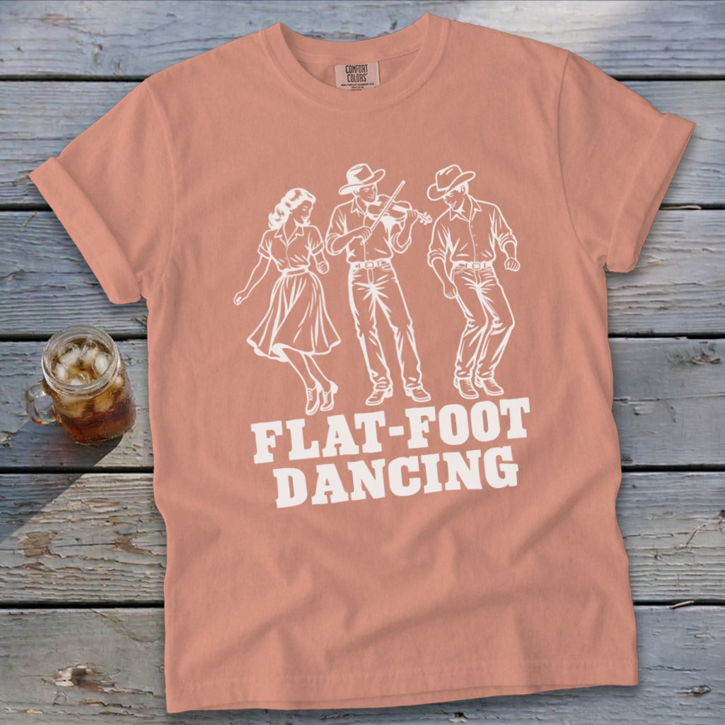 Peach t-shirt with white graphic of three dancers and text "Flat-Foot Dancing".