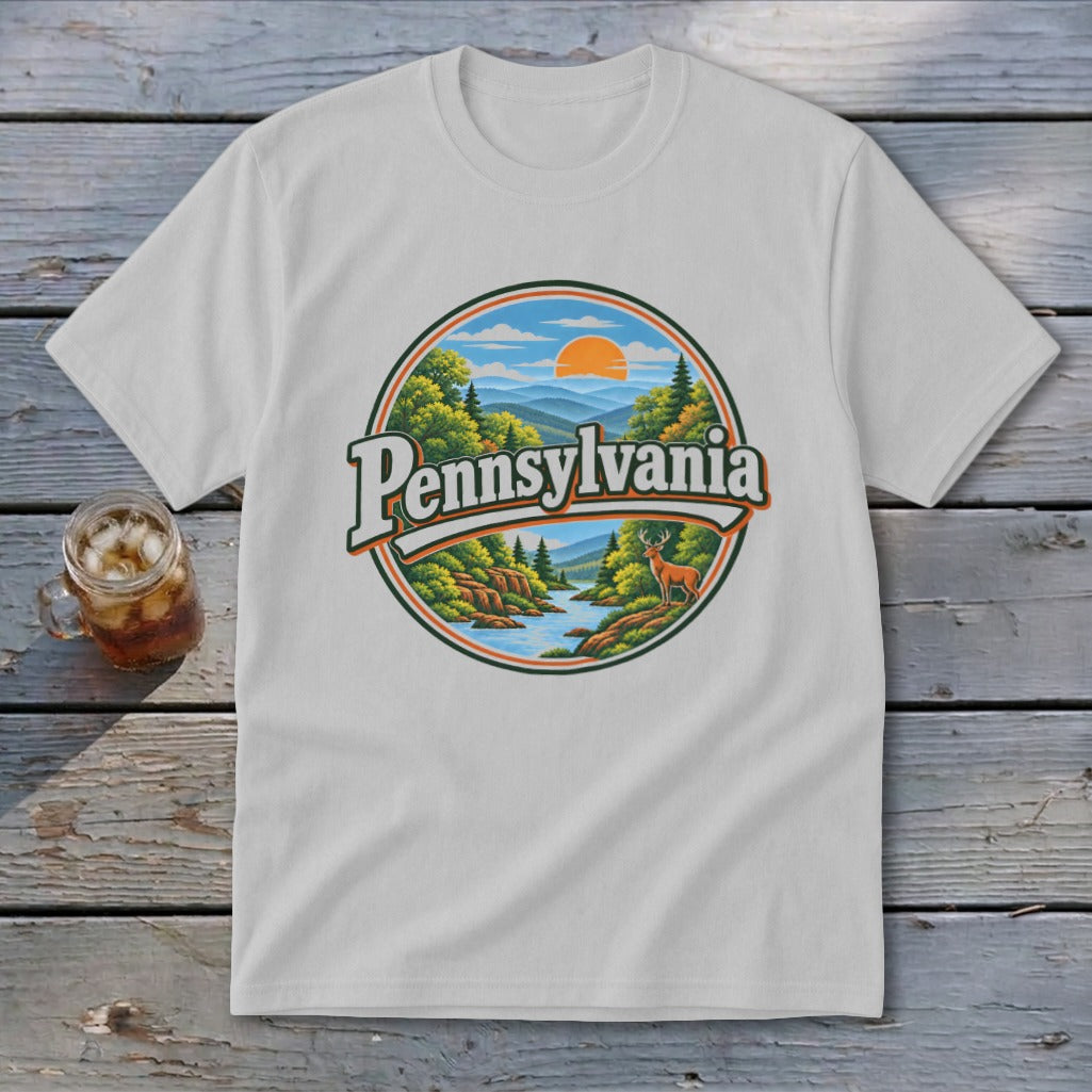 White t-shirt with a circular graphic depicting a Pennsylvania landscape.