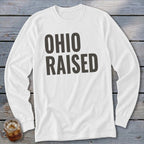 White long sleeve shirt with "OHIO RAISED" text.