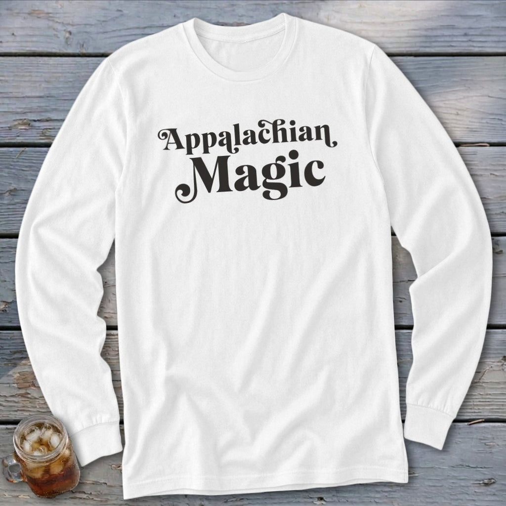 White long-sleeved shirt with "Appalachian Magic" text in black.